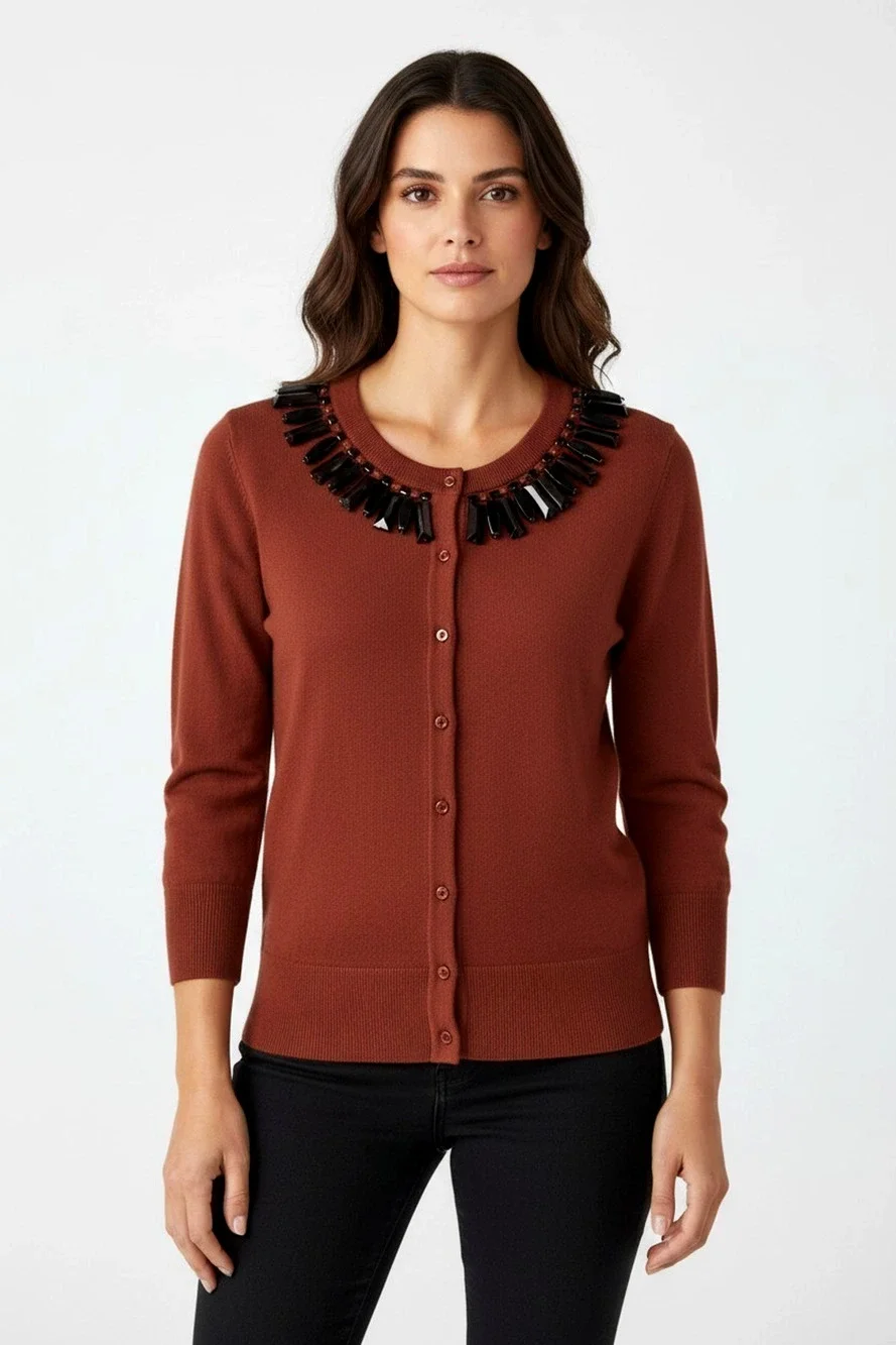 B0 Auth KATE SPADE Burgundy Wool/Cashmere Tiered Crystal & Bead Cardigan Size M